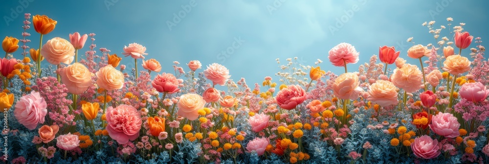 vibrant field of colorful flowers under a clear blue sky, banner vibrant field of colorful flowers under a clear blue sky, banner