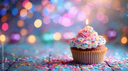 Birthday background, birthday cupcake in colorful lights background, place for text © PhotoHunter