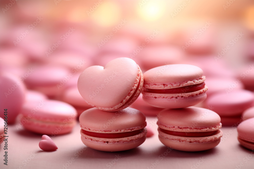 Obraz premium Sweet Bliss: Pink Macarons. Valentine's Day sweets. Pink macaroons heart shaped