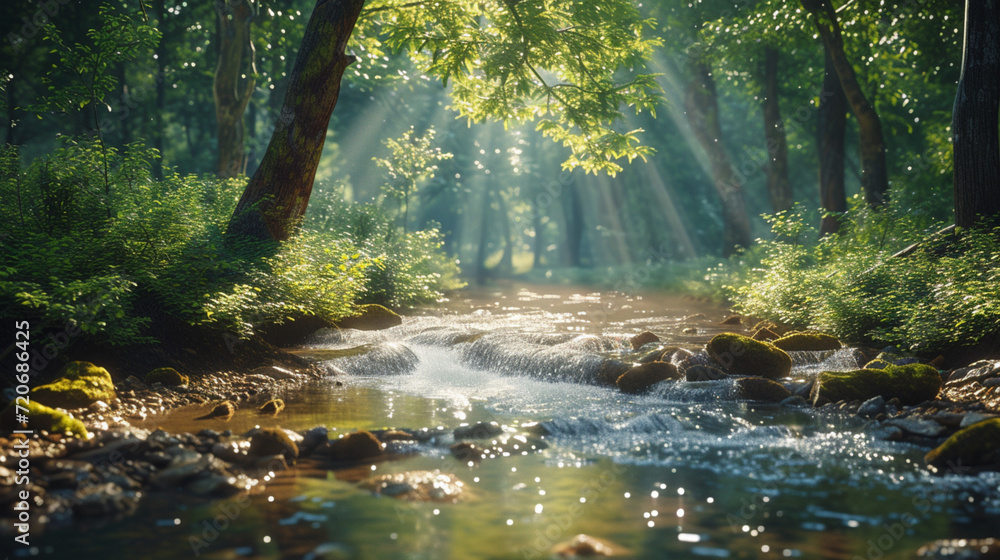 A tranquil woodland stream winding its way through a dense forest, with sunlight filtering through the canopy and dappling the water's surface, casting shimmering reflections on the rocks below.
