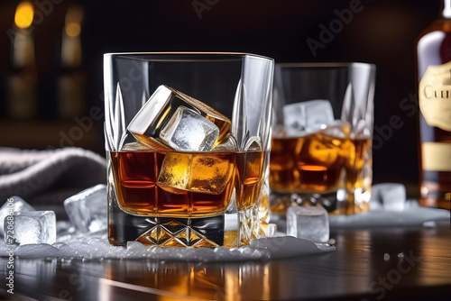 Glass of whiskey with ice. 