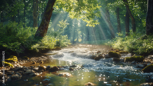 A tranquil woodland stream winding its way through a dense forest, with sunlight filtering through the canopy and dappling the water's surface, casting shimmering reflections on the rocks below.