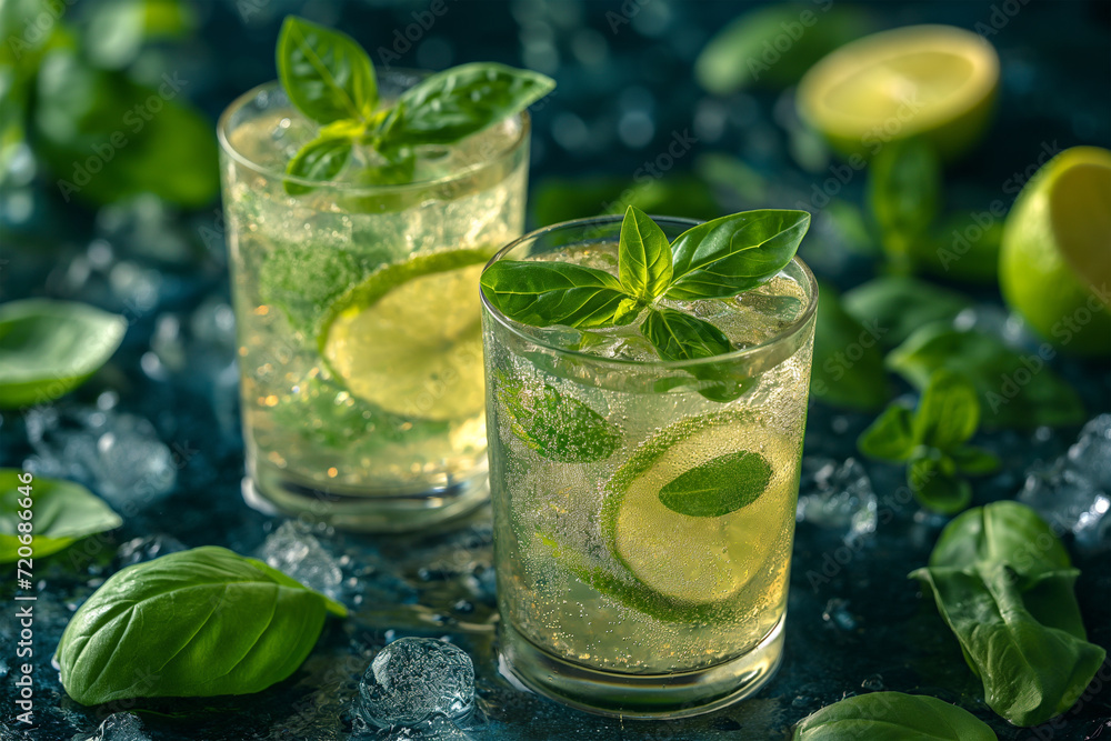 Glass of organic lime lemonade with basil. Glass of organic lime lemonade with basil.