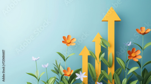 Financial arrows move upward through flowers against a blue wall. The concept of profit, growth, success. photo