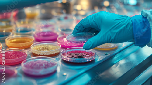 Close-up view of a scientist s gloved hand selecting a petri dish with colorful bacterial colonies from a group of samples on a laboratory bench.
