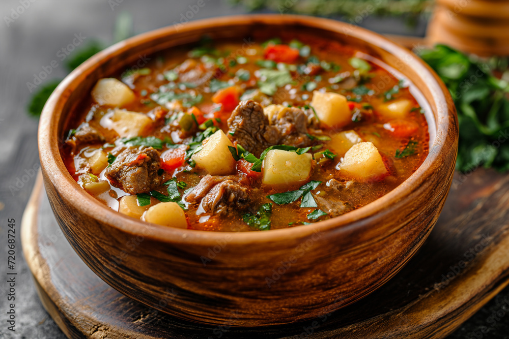 Goulash soup with Mediterranean herbs and potato. Goulash soup with Mediterranean herbs and potato.