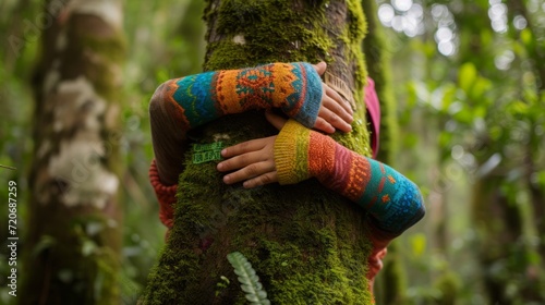 Embrace Nature - Hands Hugging a Tree with Colorful Sleeves