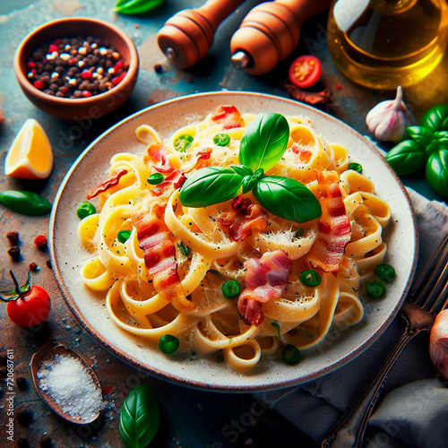 pasta carbanara with basil leaves  food art