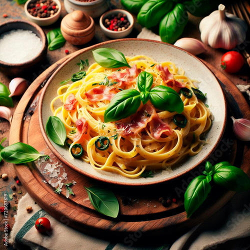pasta carbanara with basil leaves, food art