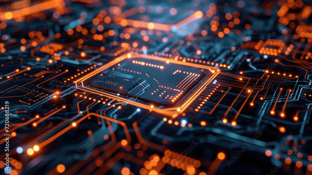 Advanced technology. PCB processor microchip, digitization of neural networks. Digital lines transmit data. Technology concept. Advanced technology. PCB processor microchip, digitization of neural networks. Digital lines transmit data. Technology concept.