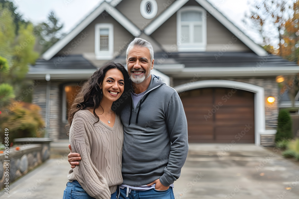 Middle-aged couple stands in front of house, real estate property Middle-aged couple stands in front of house, real estate property