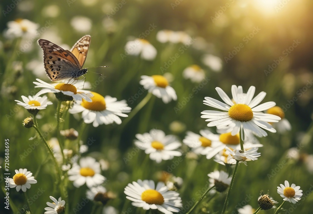 Beautiful wild flowers chamomile with butterfly on sunny spring meadow close-up macro Landscape wide Beautiful wild flowers chamomile with butterfly on sunny spring meadow close-up macro Landscape wide