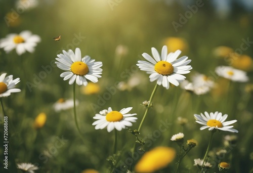 Beautiful wild flowers chamomile with butterfly on sunny spring meadow close-up macro Landscape wide