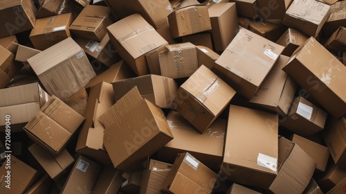 Pile of Cardboard Boxes in a Disorganized Warehouse photo