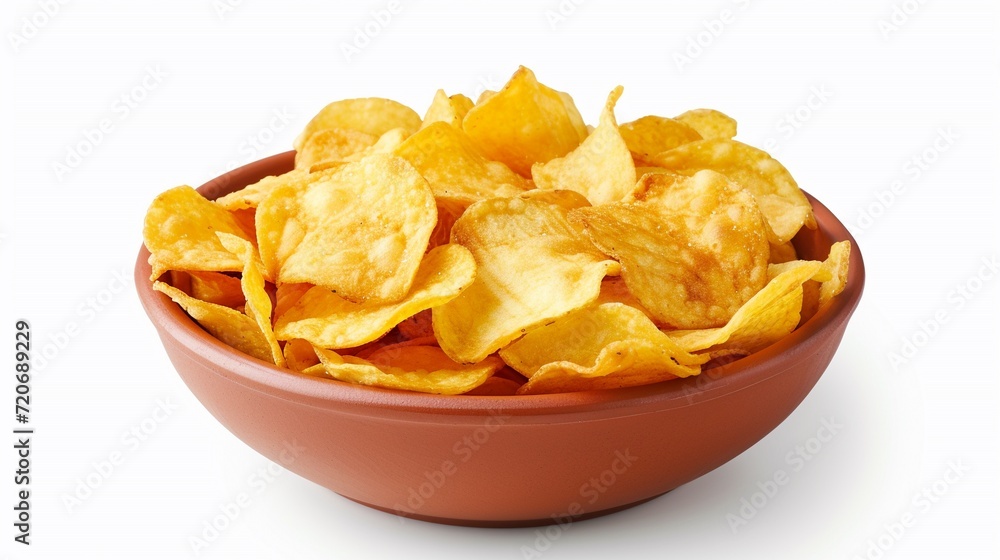 Bowl full of decicious potato chips isolated on white background. Bowl full of decicious potato chips isolated on white background.