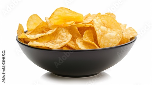 Bowl full of decicious potato chips isolated on white background.