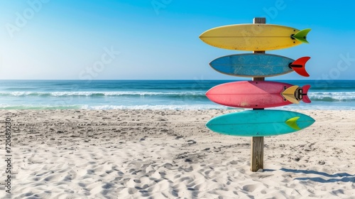 Colorful Surfboards Direction Sign on Sunny Beach