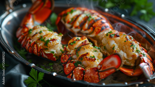 Grilled lobster tails with Garlic-Parsley Butter, silver tray