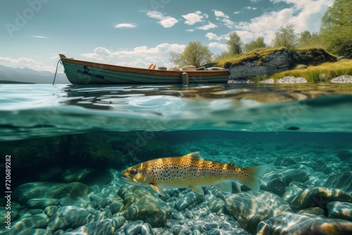 Split View of Fish in Clear Water and Boat on Surface