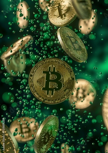 Falling bitcoin tokens on green background, sustainable finance concept, St Patrick's Day virtual treasure background.