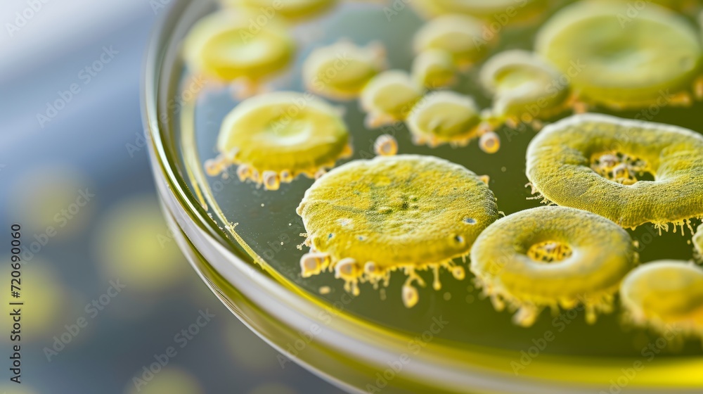Closeup of petri dish with various gold bacterias Closeup of petri dish with various gold bacterias