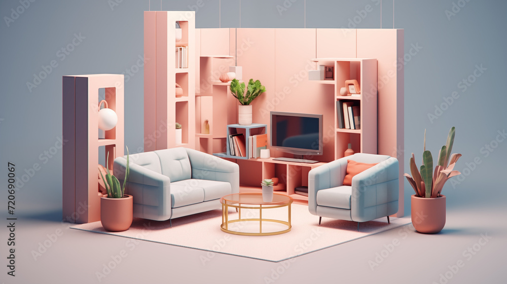 A cube cutout of an isometric living room 3D rendered. A cube cutout of an isometric living room 3D rendered.