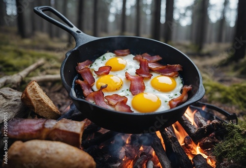 Camping breakfast with bacon and eggs in a cast iron skillet Fried eggs with bacon in a pan in the f photo