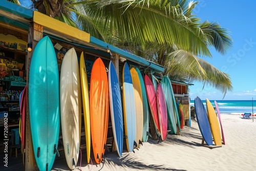 Colorful Surfboards Lined Up at Tropical Beach Hut © Suryani