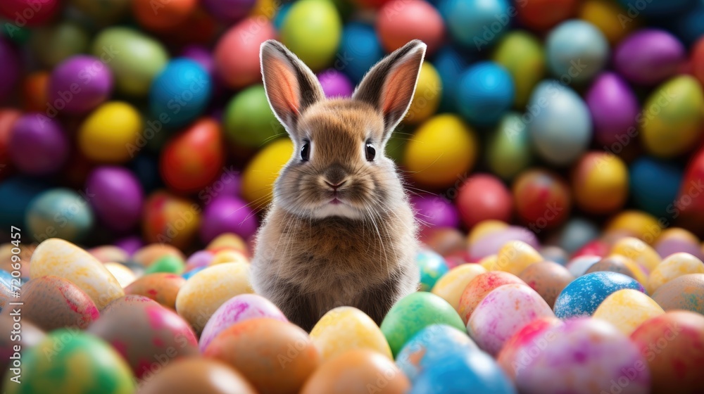 A cute Easter bunny among the colored Easter eggs. One funny, fluffy rabbit and many colorful eggs. Easter holiday. A cute Easter bunny among the colored Easter eggs. One funny, fluffy rabbit and many colorful eggs. Easter holiday.