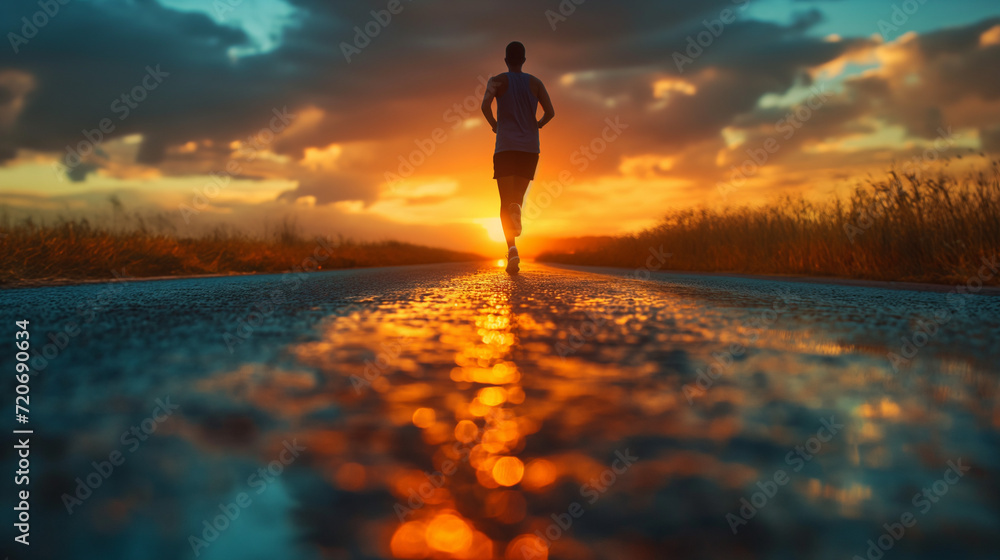 Person Running Down a Road at Sunset Caption Image