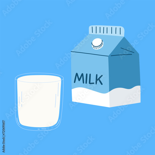 Hand drawn package and glass of milk. Vector flat illustration.