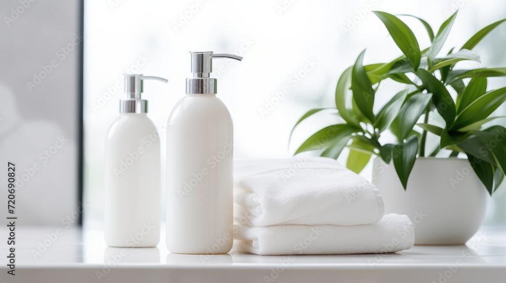 White bottles of soap or shampoo on the table in the bathroom. White cotton towels are stacked. Stylish interior and hygiene items. White bottles of soap or shampoo on the table in the bathroom. White cotton towels are stacked. Stylish interior and hygiene items.