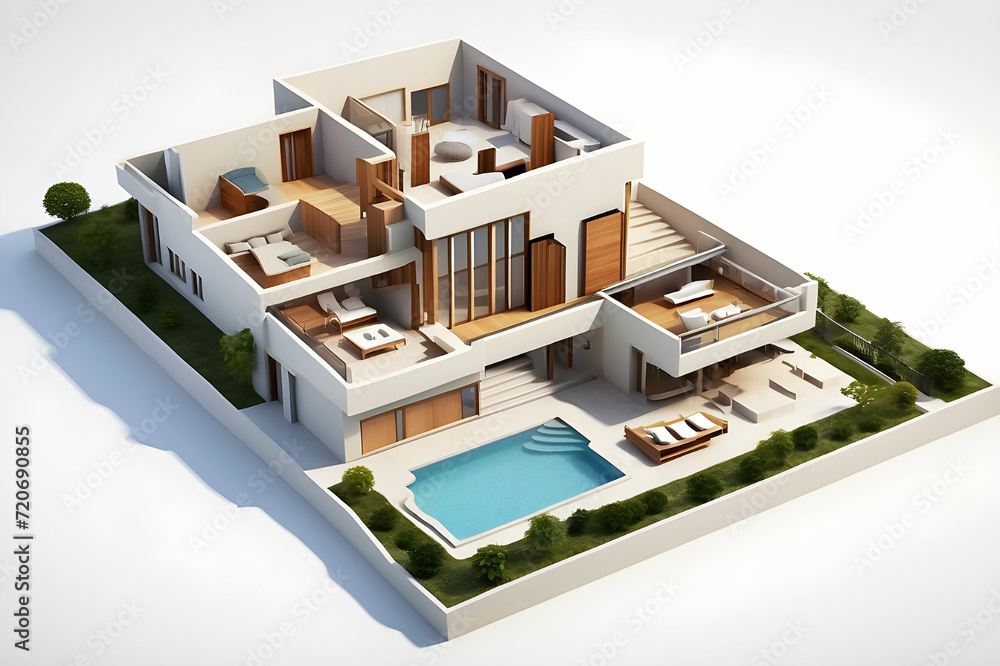 modern house plan 3d view, Modern Interior Design Floor Plan 3d Render, 3d construction house design model.