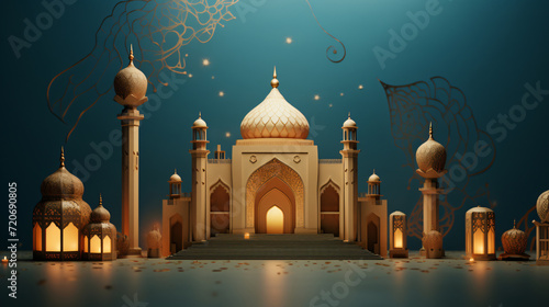 3D illustration portraying an Islamic background that exudes the spirit of Eid Mubarak and Ramadan. Generative AI