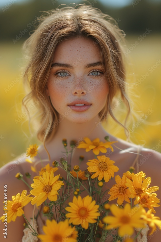 Young Caucasian Woman Holding Yellow Flower Bouquet Young Caucasian Woman Holding Yellow Flower Bouquet