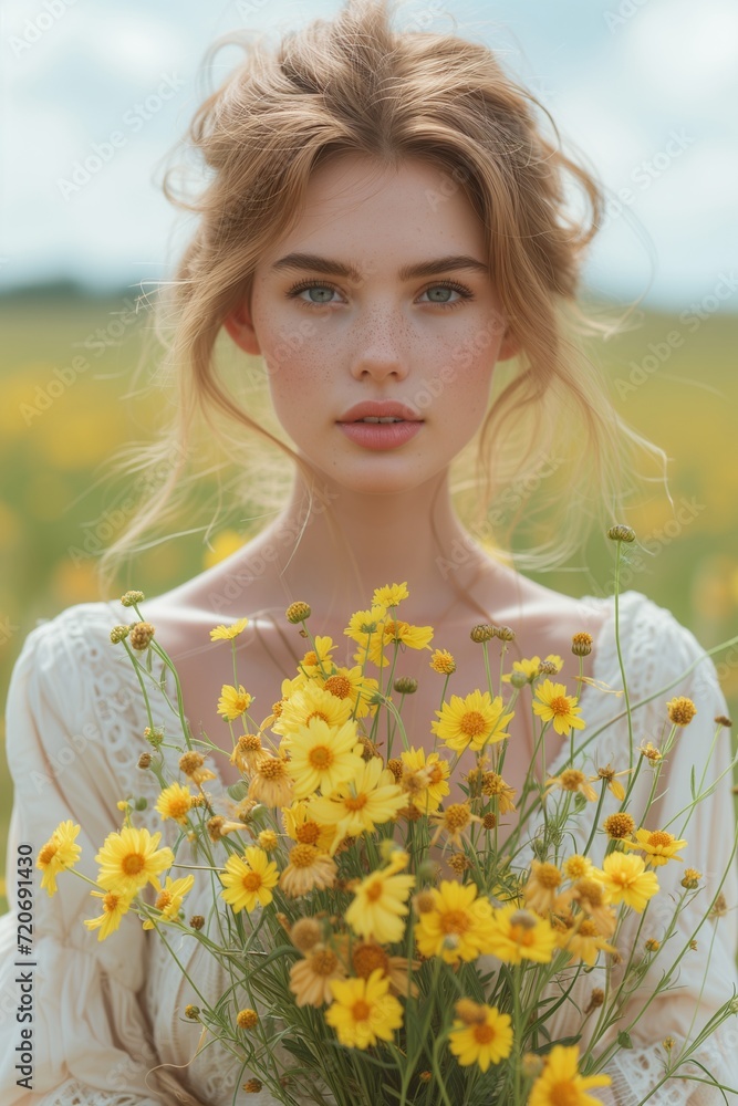 Young Caucasian Woman Holding Yellow Flower Bouquet Young Caucasian Woman Holding Yellow Flower Bouquet