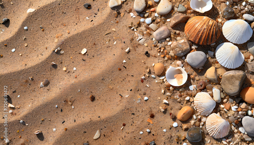 Top view of undulating sea sand, stones, shells and starfish