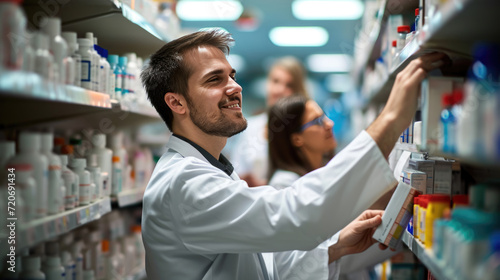 Smiling pharmacists in white coats, working and discussing medication options in a well-stocked pharmacy.