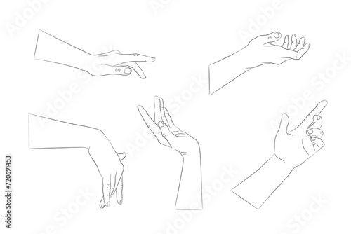 Set of hand drawn human hands with different gestures. Hand outline with an empty contour. Vector illustration