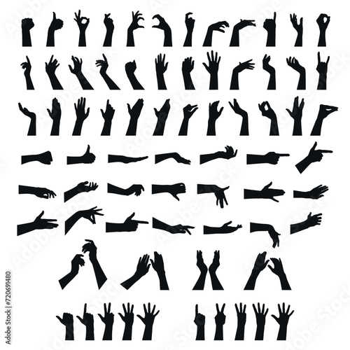 Hand gestures silhouettes collection. Big set of different hand gestures. Vector illustration