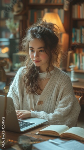 Smiling Psychologist: Woman Working at Desk with Laptop photo