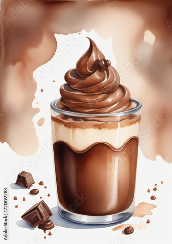 Watercolor Illustration Of A Chocolate Mousse Isolated On White Background