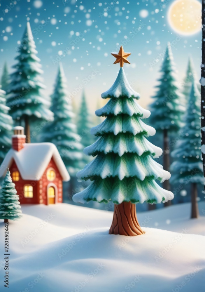 Childrens Illustration Of Snow-Covered Christmas Tree Against The Backdrop Of A Winter Forest. Selective Focus.