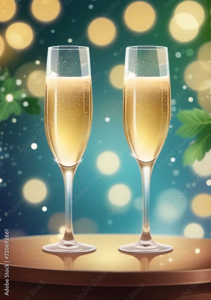 Childrens Illustration Of Glasses Of Champagne On A Table With A Bokeh Background, Childrens Illustration Of Glasses Of Champagne On A Table With A Bokeh Background,
