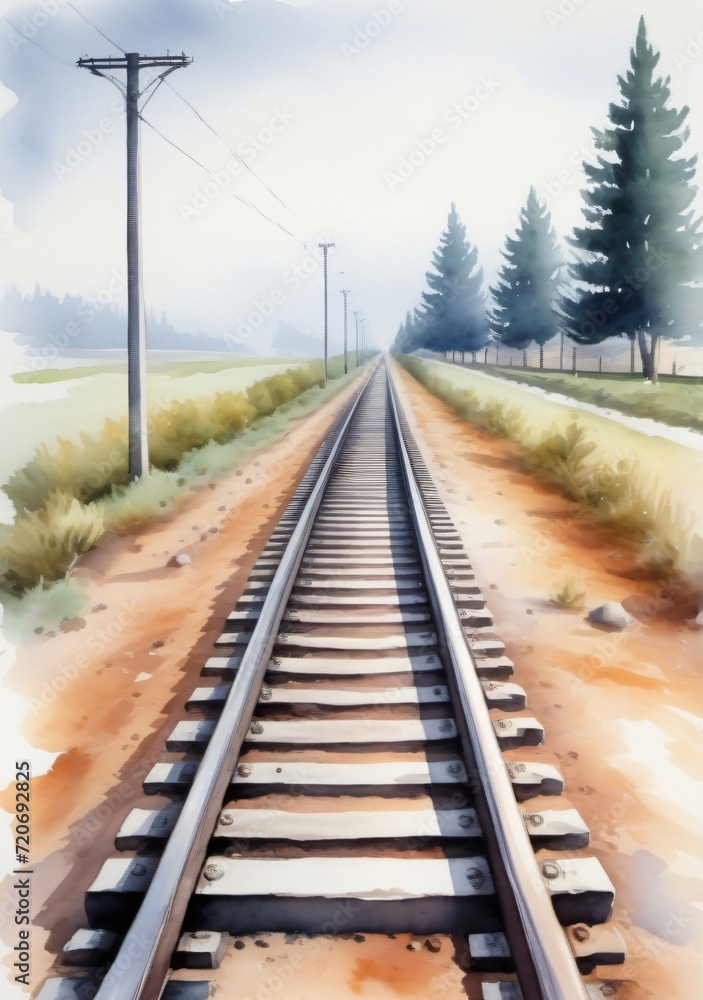 Fototapeta premium Watercolor Illustration Of A Railroad Track Isolated On White Background