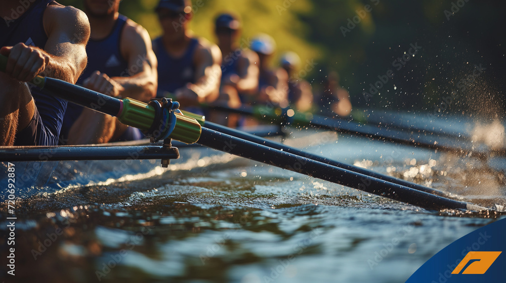 A Row of Rowers Rowing Down a River - obrazy, fototapety, plakaty 