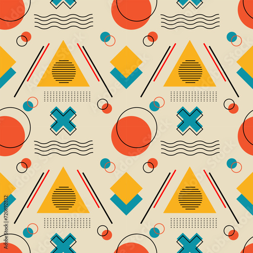 Vector seamless geometric pattern in Memphis style. Retro design fashionable in the 80s is suitable for fabrics, posters, wrapping paper and covers. On a vintage background.