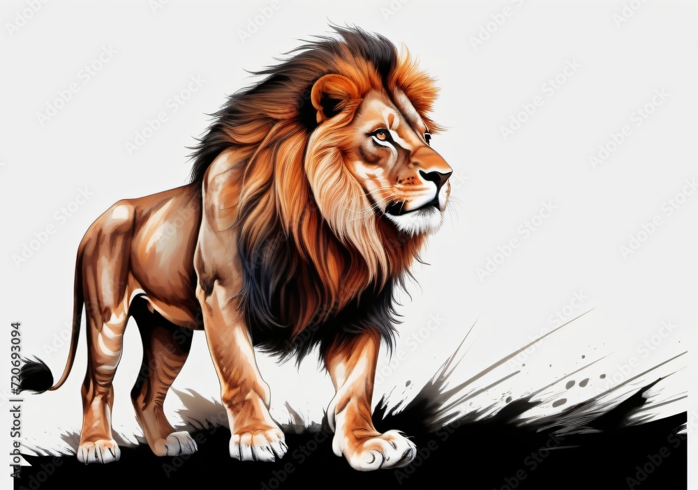 Obraz premium Childrens Illustration Of Impressive Lion Predatory Beast Color Painting Motif, Cool T-Shirt Pattern For Printing, Animal That Hunts Its Prey And Eats Its Meat. , Isolated On Black Background