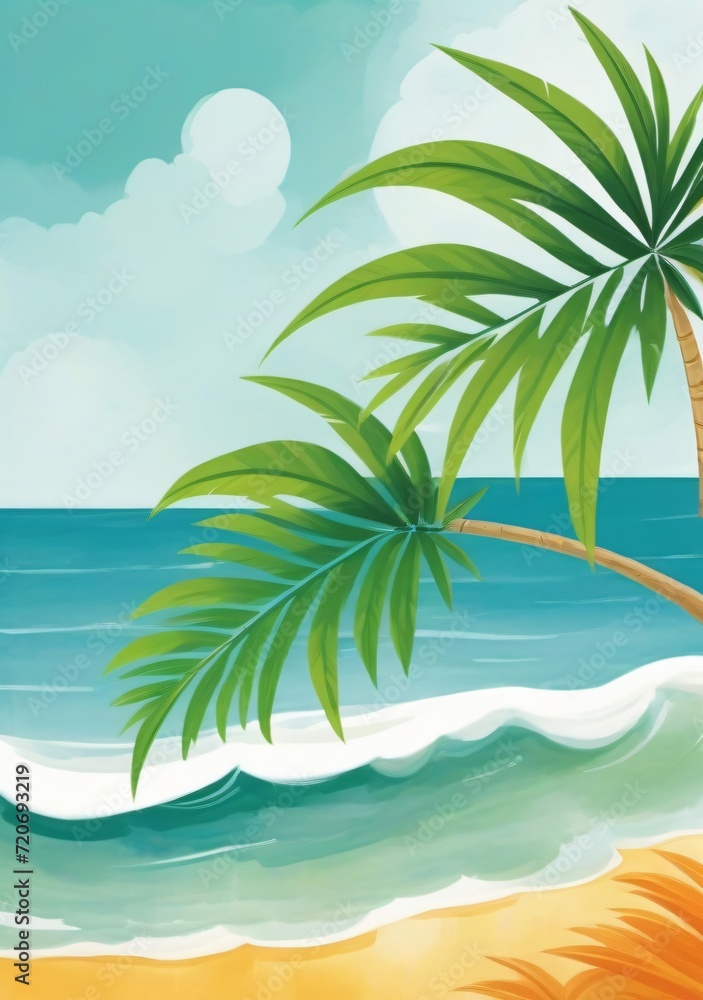 Childrens Illustration Of Palm Leaf And The Sea. Summer Concept Painting.