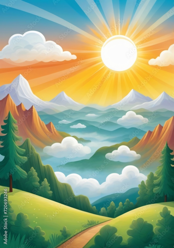 Childrens Illustration Of The Sun Shines Brightly Above The Clouds In The Sky Above A Mountain Range In The Middle Of The Day.